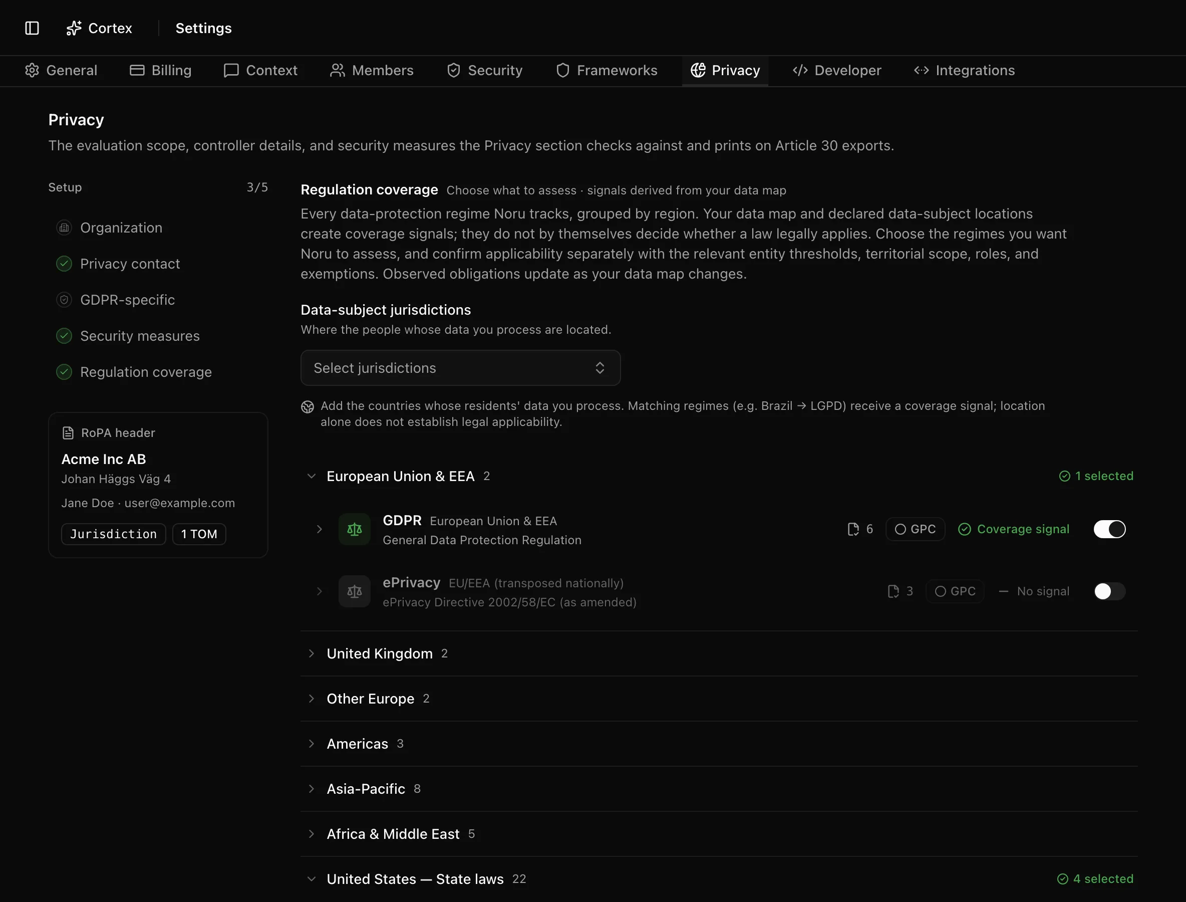 The Privacy settings tab with the setup rail, controller details, and regulation coverage