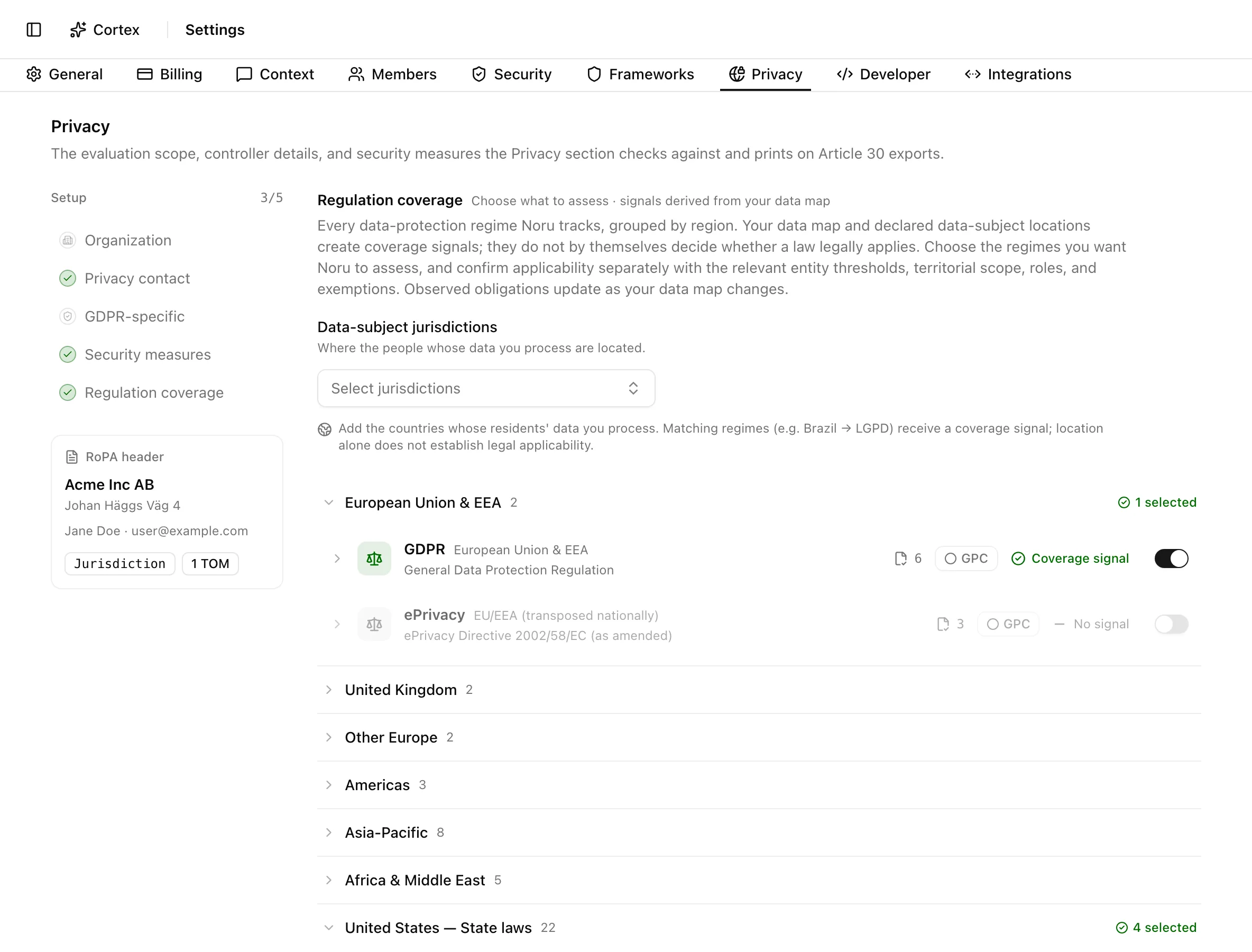 The Privacy settings tab with the setup rail, controller details, and regulation coverage