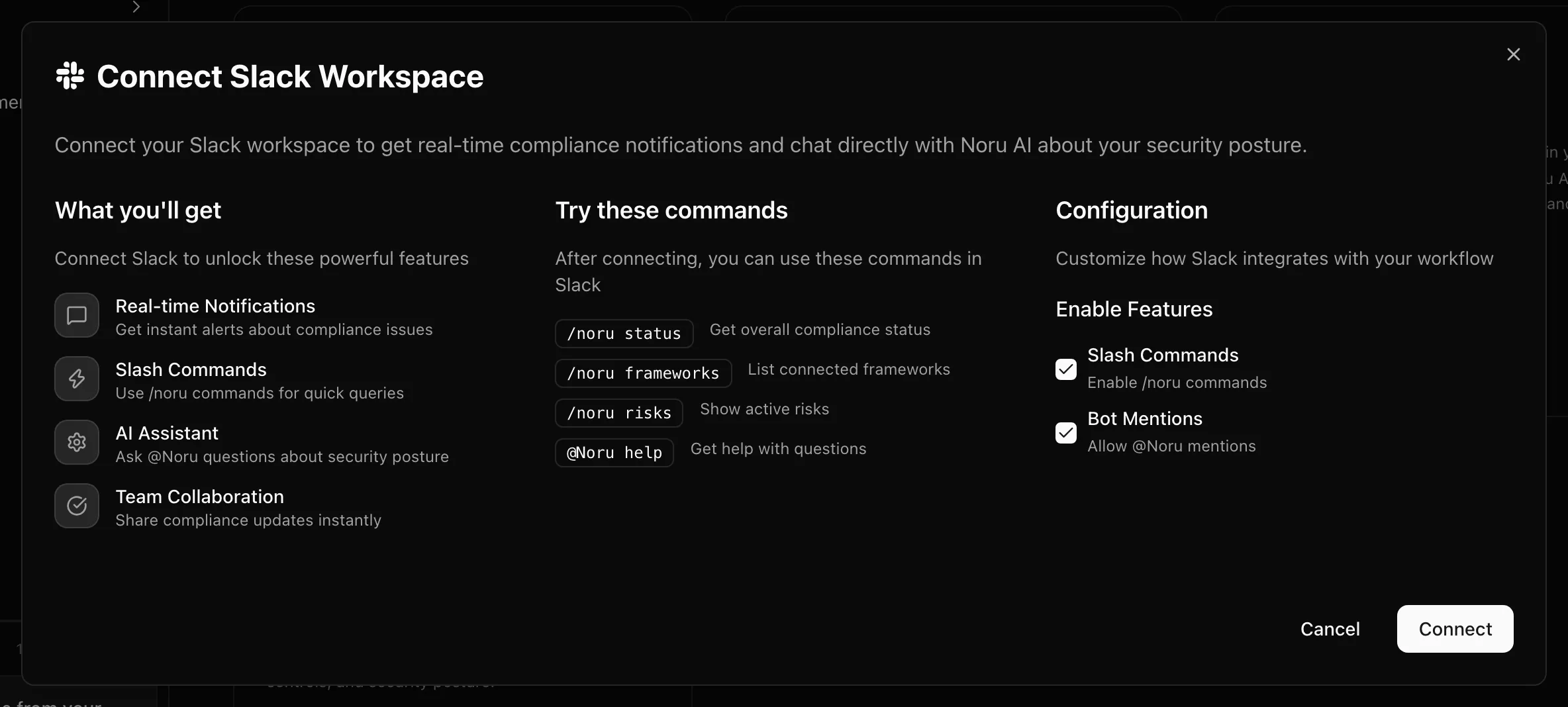 Connect Slack Workspace dialog with feature list, example commands, and Enable Features checkboxes