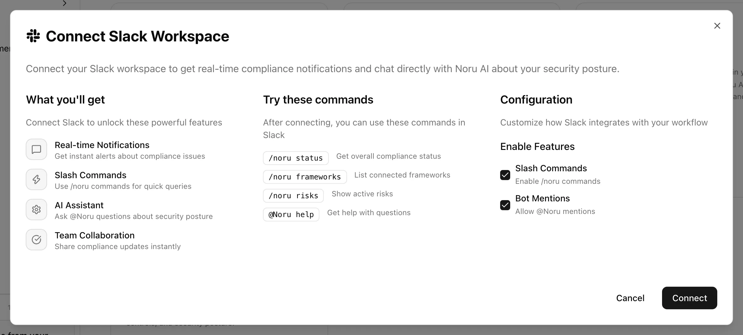 Connect Slack Workspace dialog with feature list, example commands, and Enable Features checkboxes