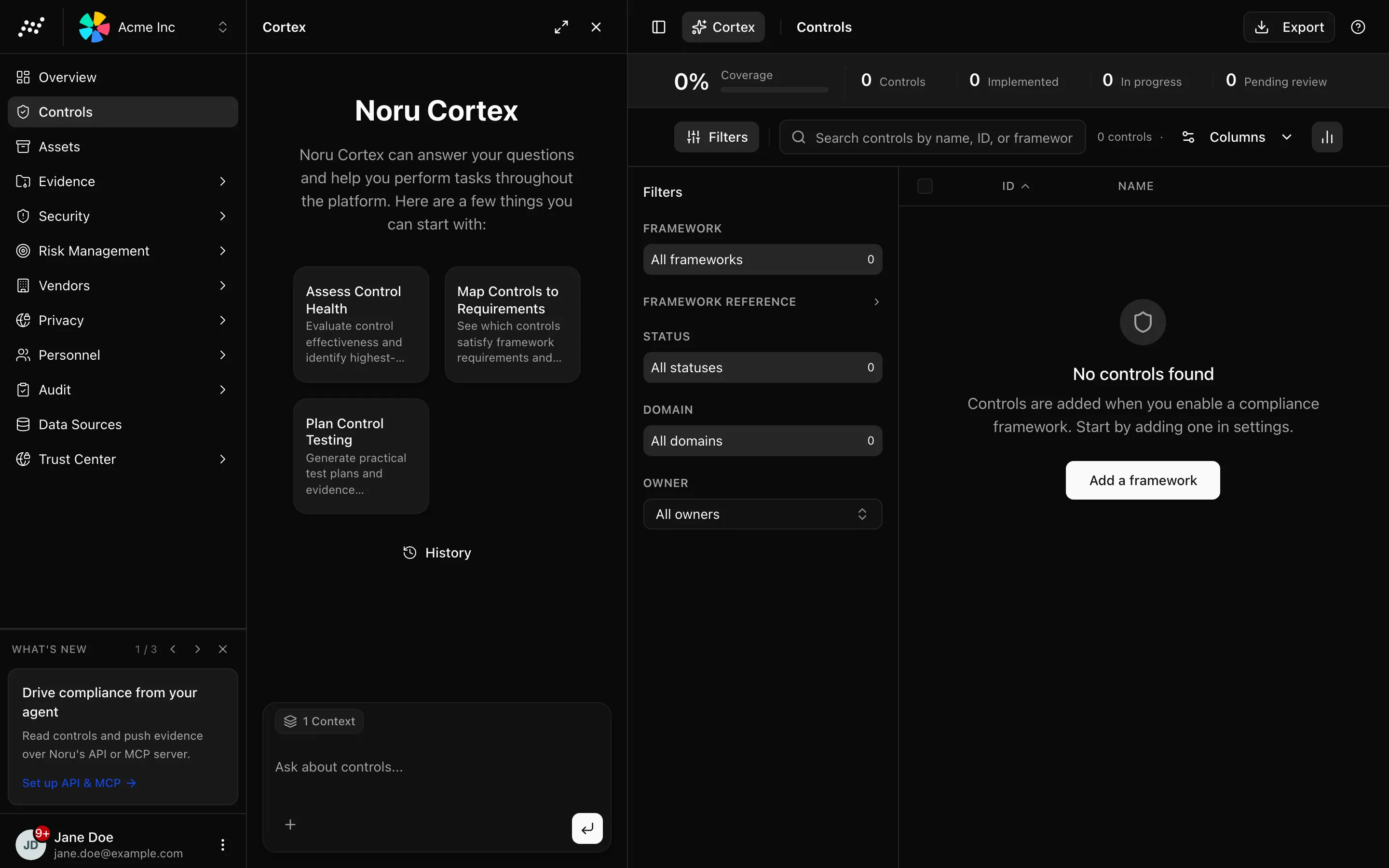 Cortex pane open beside a page, with contextual suggestion cards and the input