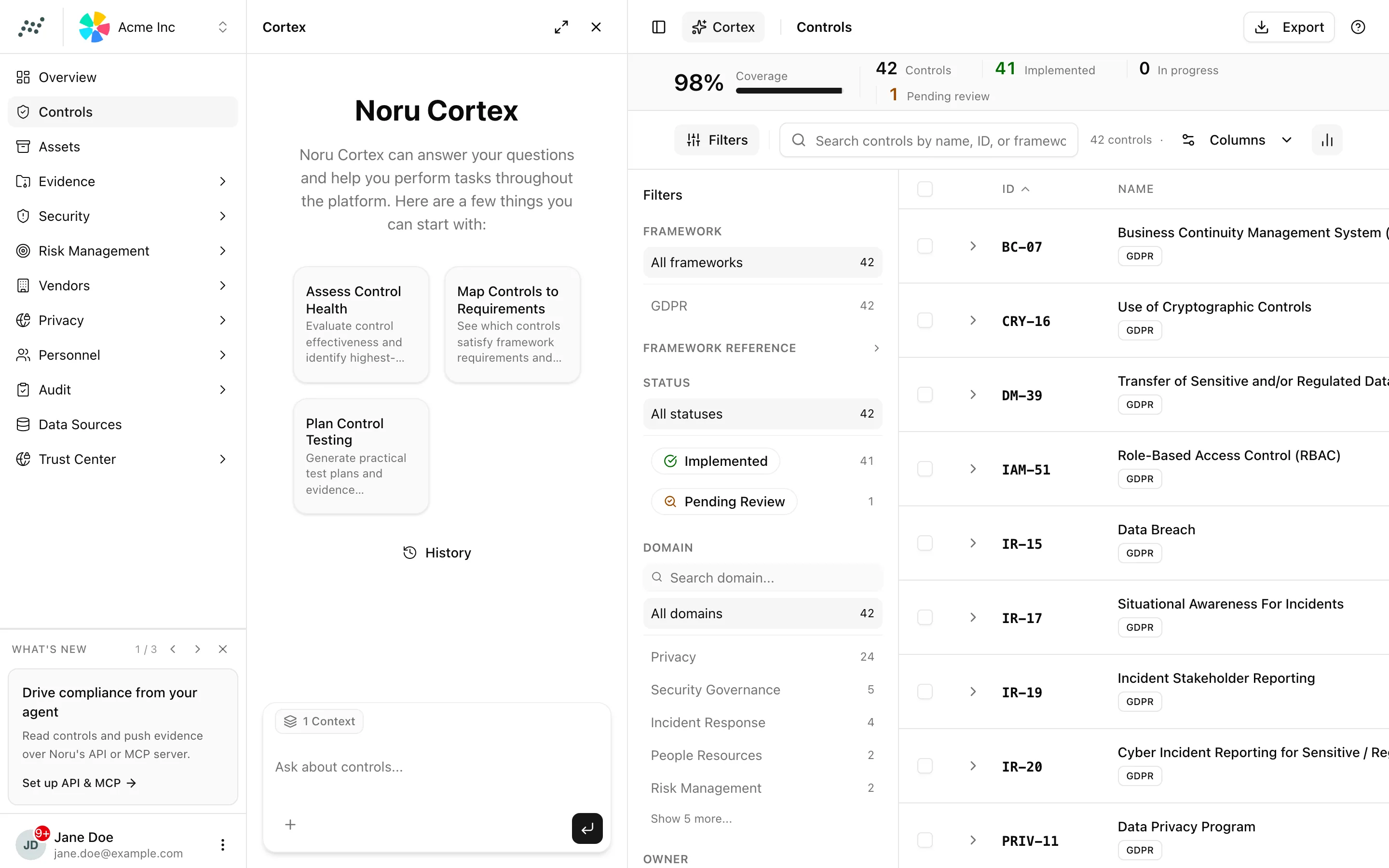 Cortex pane open beside a page, with contextual suggestion cards and the input