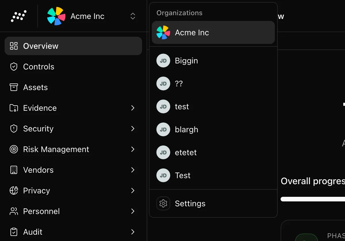 The organization switcher menu open above the sidebar with the active organization listed first