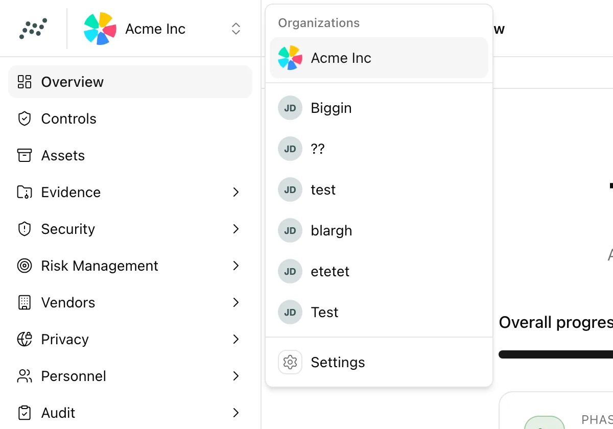 The organization switcher menu open above the sidebar with the active organization listed first