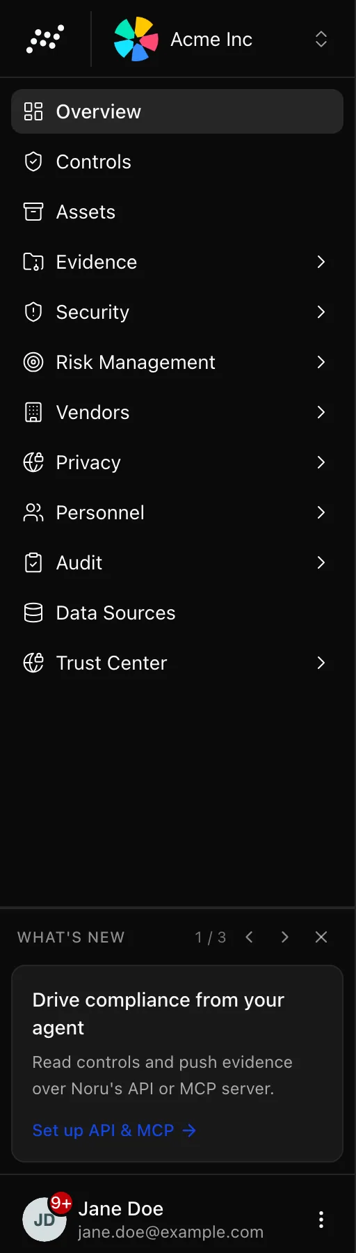 The sidebar with navigation, the What's new carousel, and the user menu