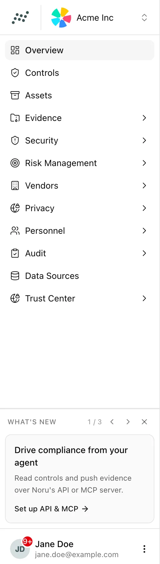 The sidebar with navigation, the What's new carousel, and the user menu