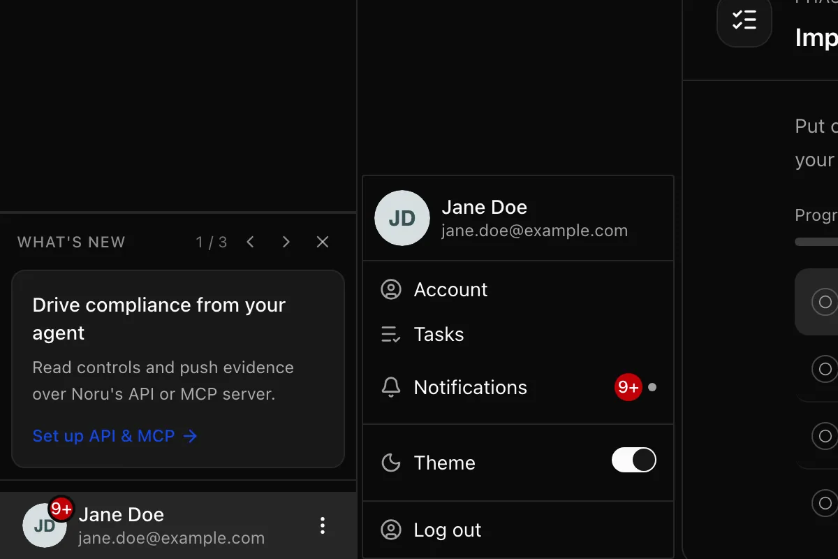 User menu open from the sidebar footer with Account, Tasks, Notifications, Theme, and Log out