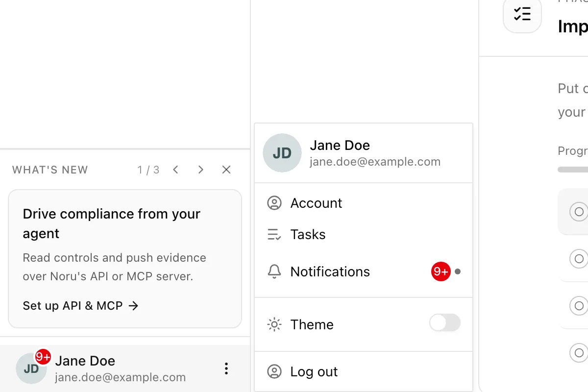 User menu open from the sidebar footer with Account, Tasks, Notifications, Theme, and Log out
