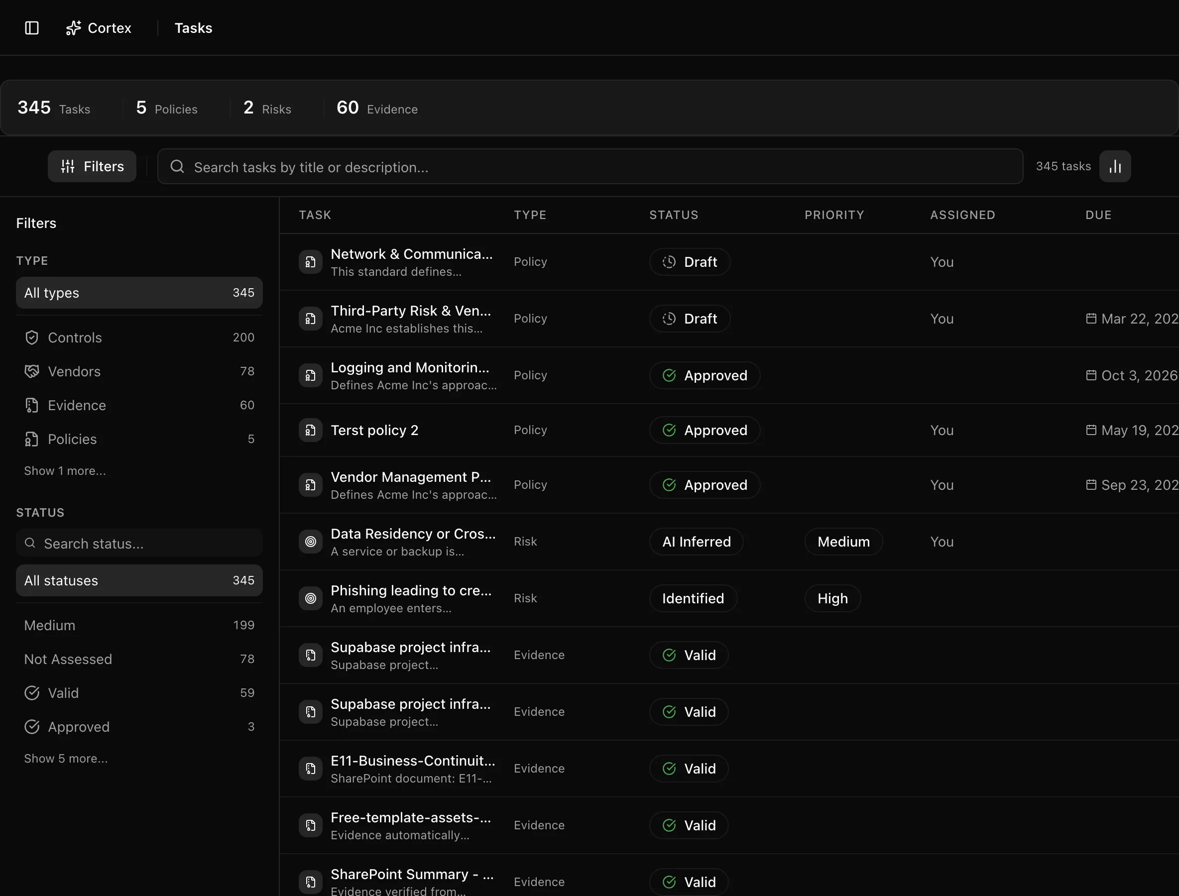 Tasks page with a filter sidebar, an insight strip of counts, and a table of assigned records