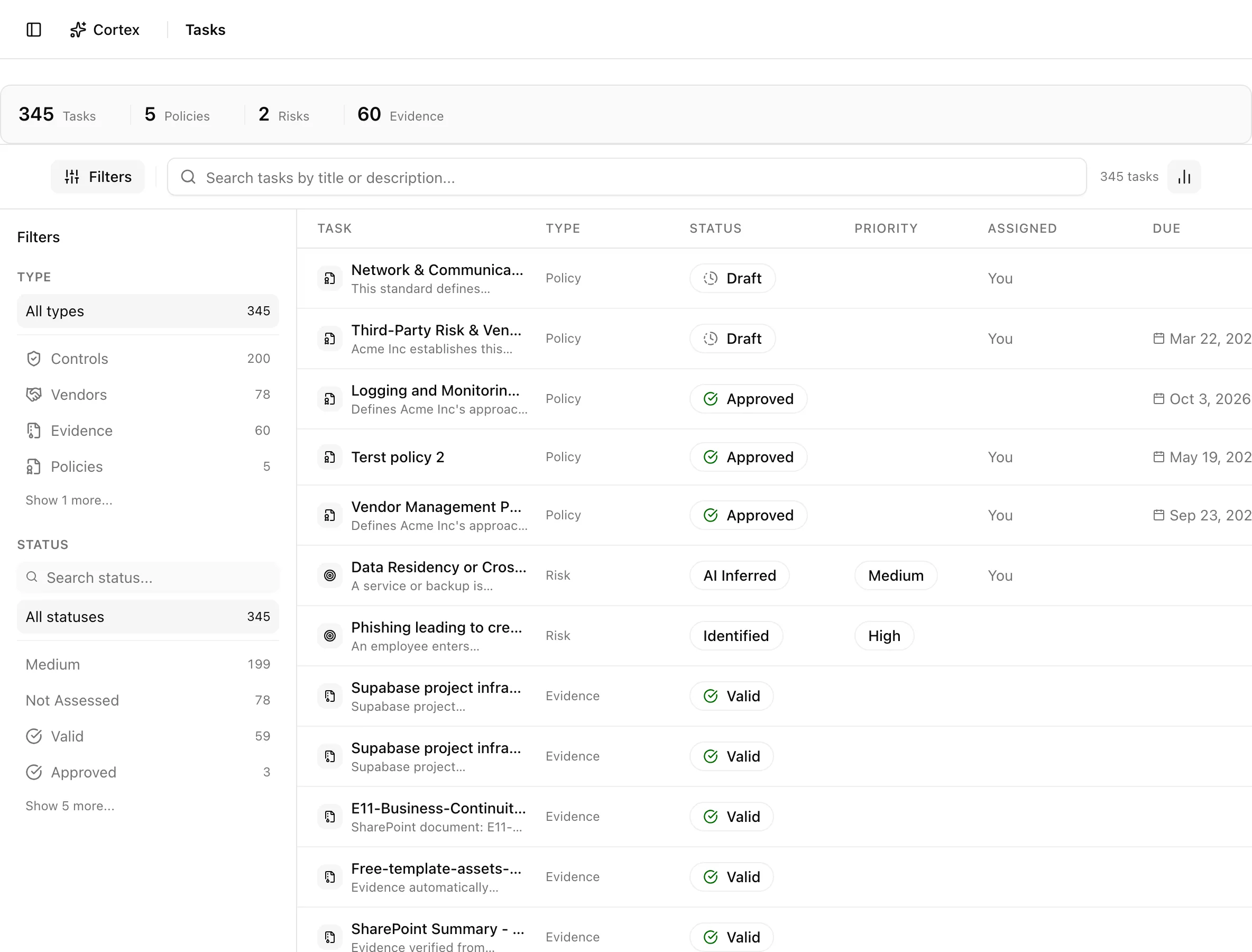 Tasks page with a filter sidebar, an insight strip of counts, and a table of assigned records