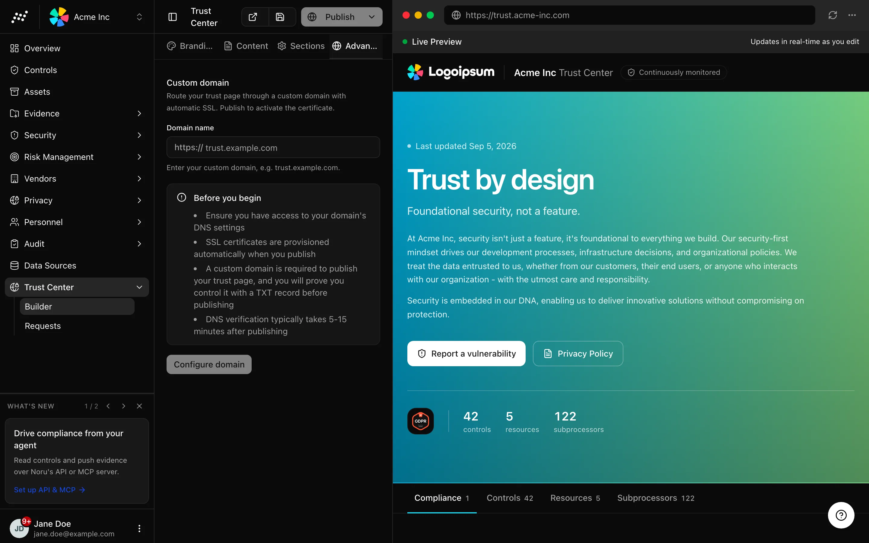 The Advanced tab with the custom domain section