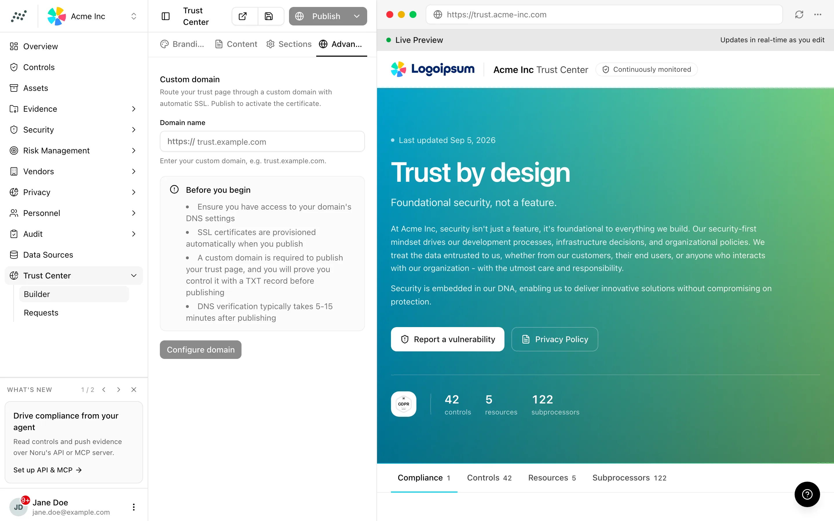 The Advanced tab with the custom domain section