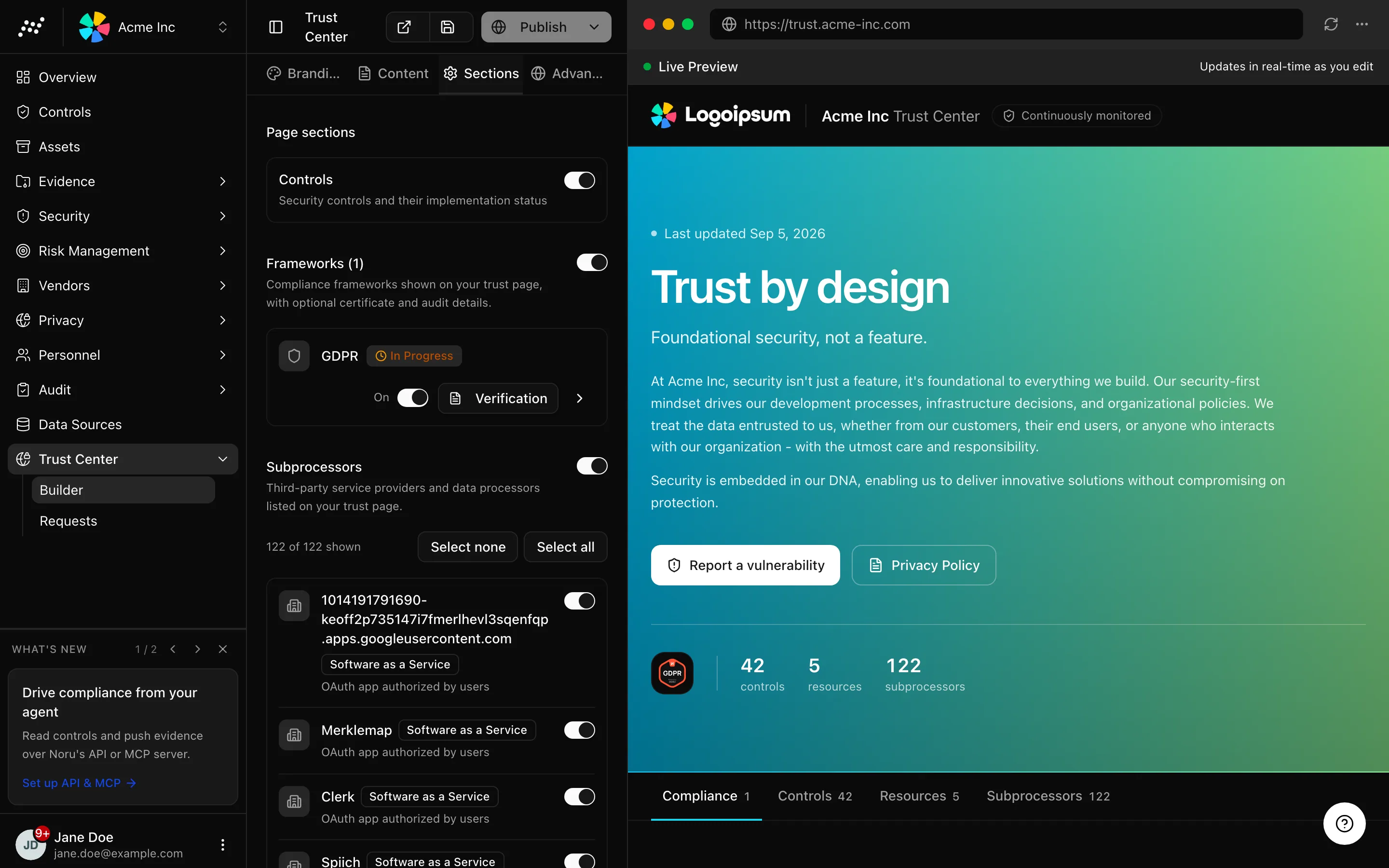 The Sections tab with page section toggles and per-framework verification and audit info
