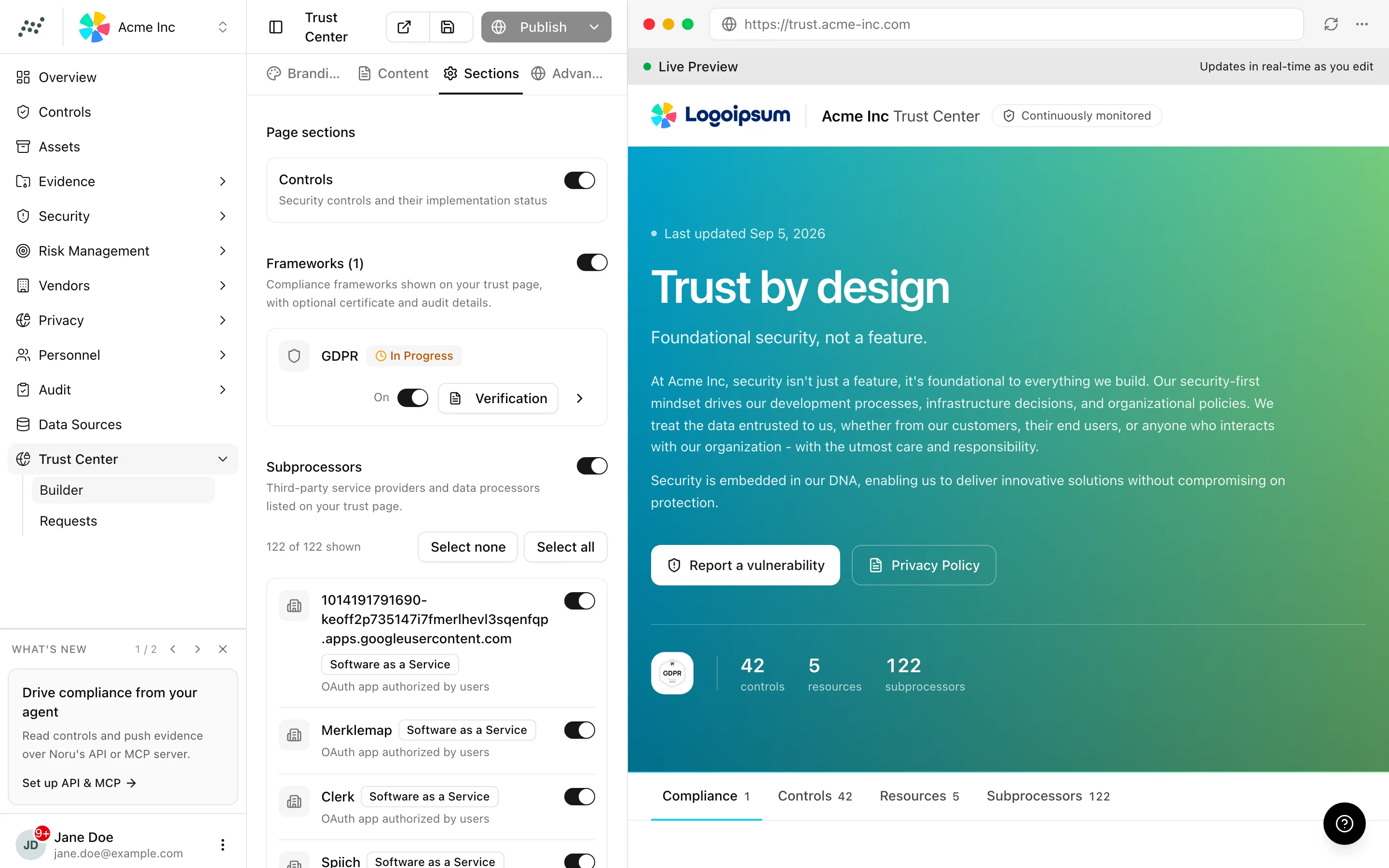 The Sections tab with page section toggles and per-framework verification and audit info