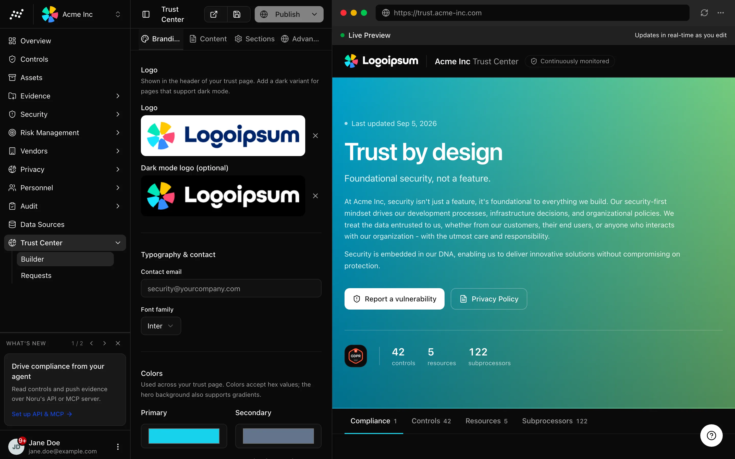 The trust center builder with the Branding tab open and the live preview on the right