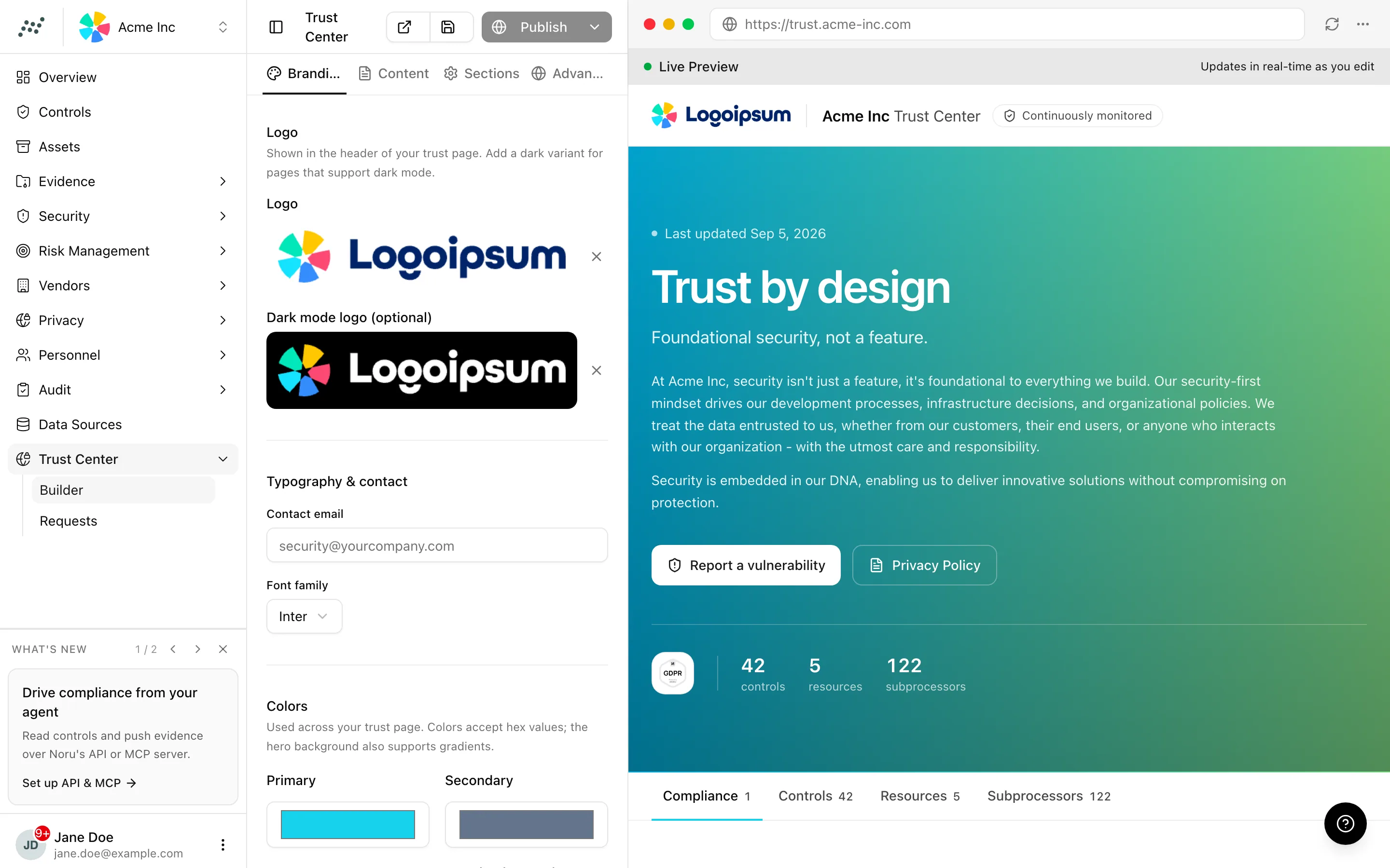 The trust center builder with the Branding tab open and the live preview on the right