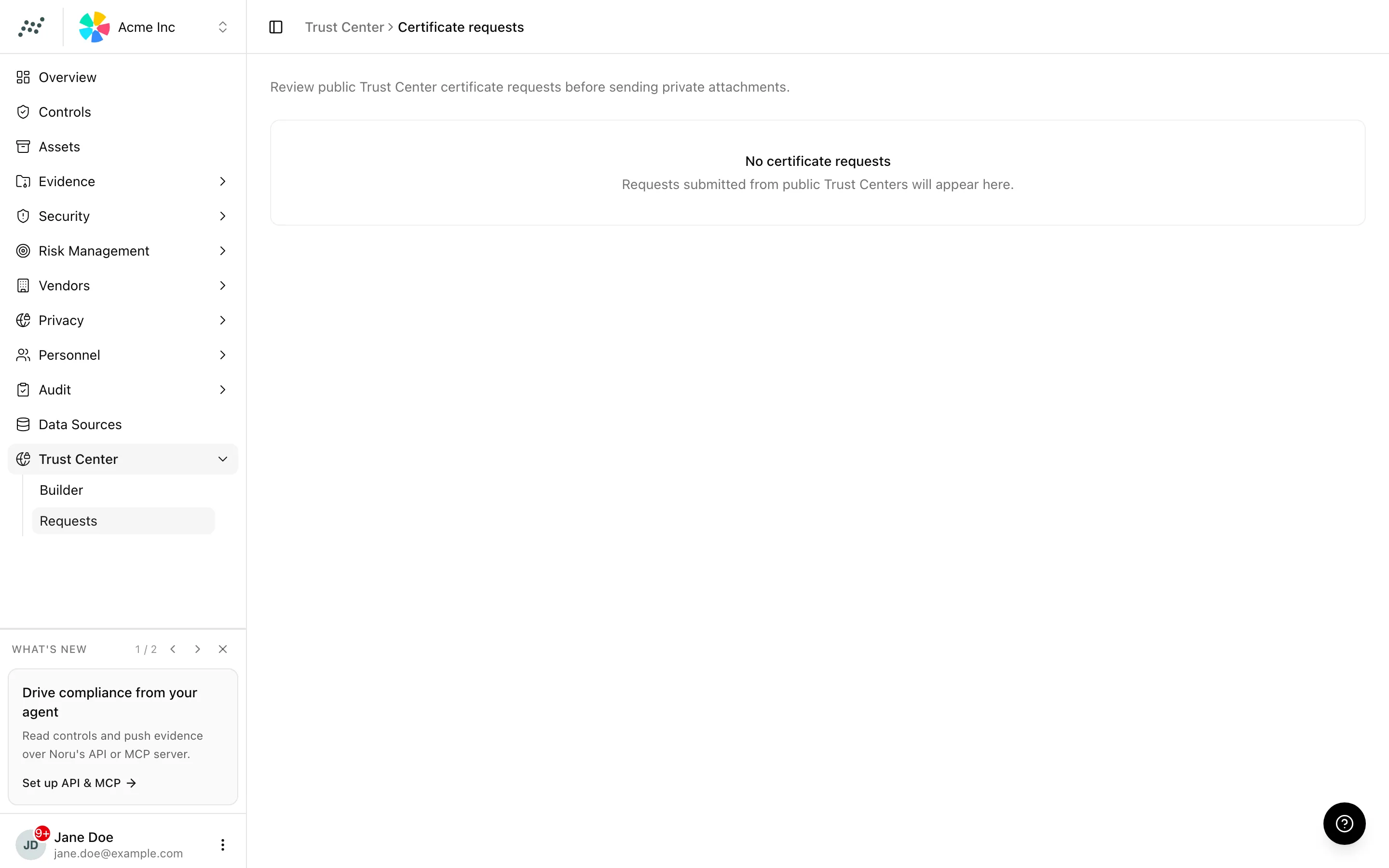 The certificate requests table with requester, certificate, requested, status, and actions columns