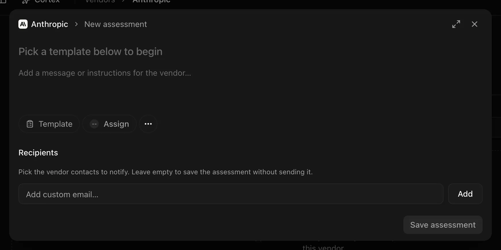 The New assessment dialog with template, message, recipients, and schedule and delivery sections