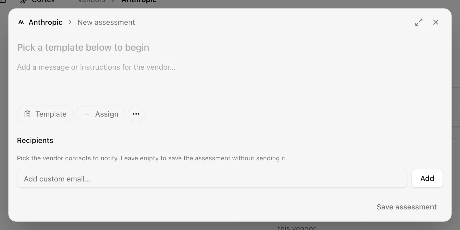 The New assessment dialog with template, message, recipients, and schedule and delivery sections