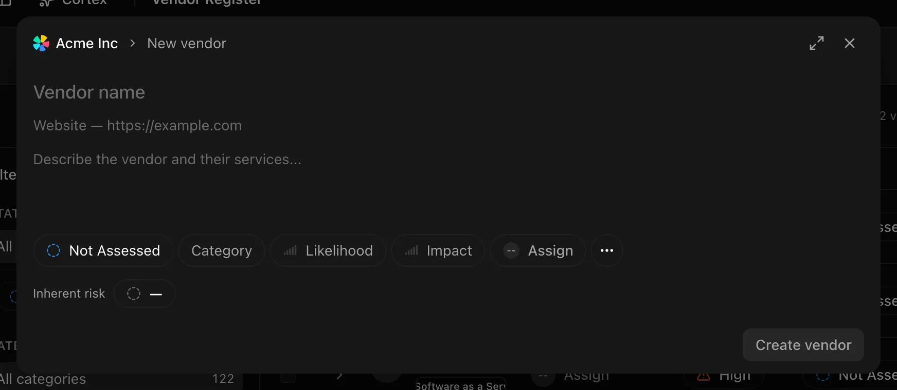 The New vendor dialog with name, description, status chips, website, and a contacts list