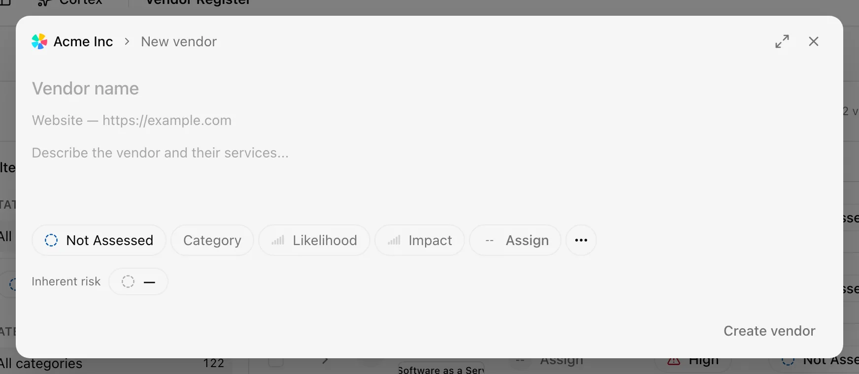 The New vendor dialog with name, description, status chips, website, and a contacts list