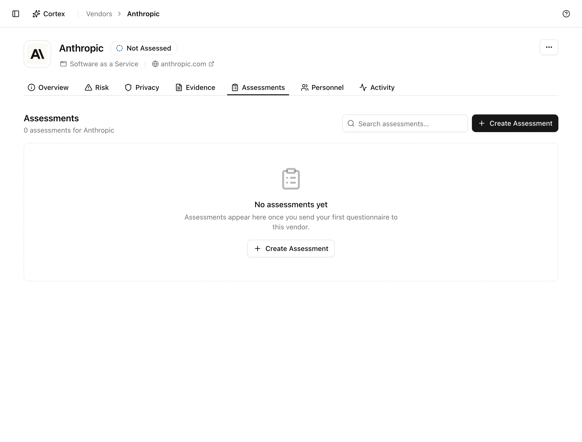 The Assessments tab listing questionnaires with framework, status, progress, due date, and owner