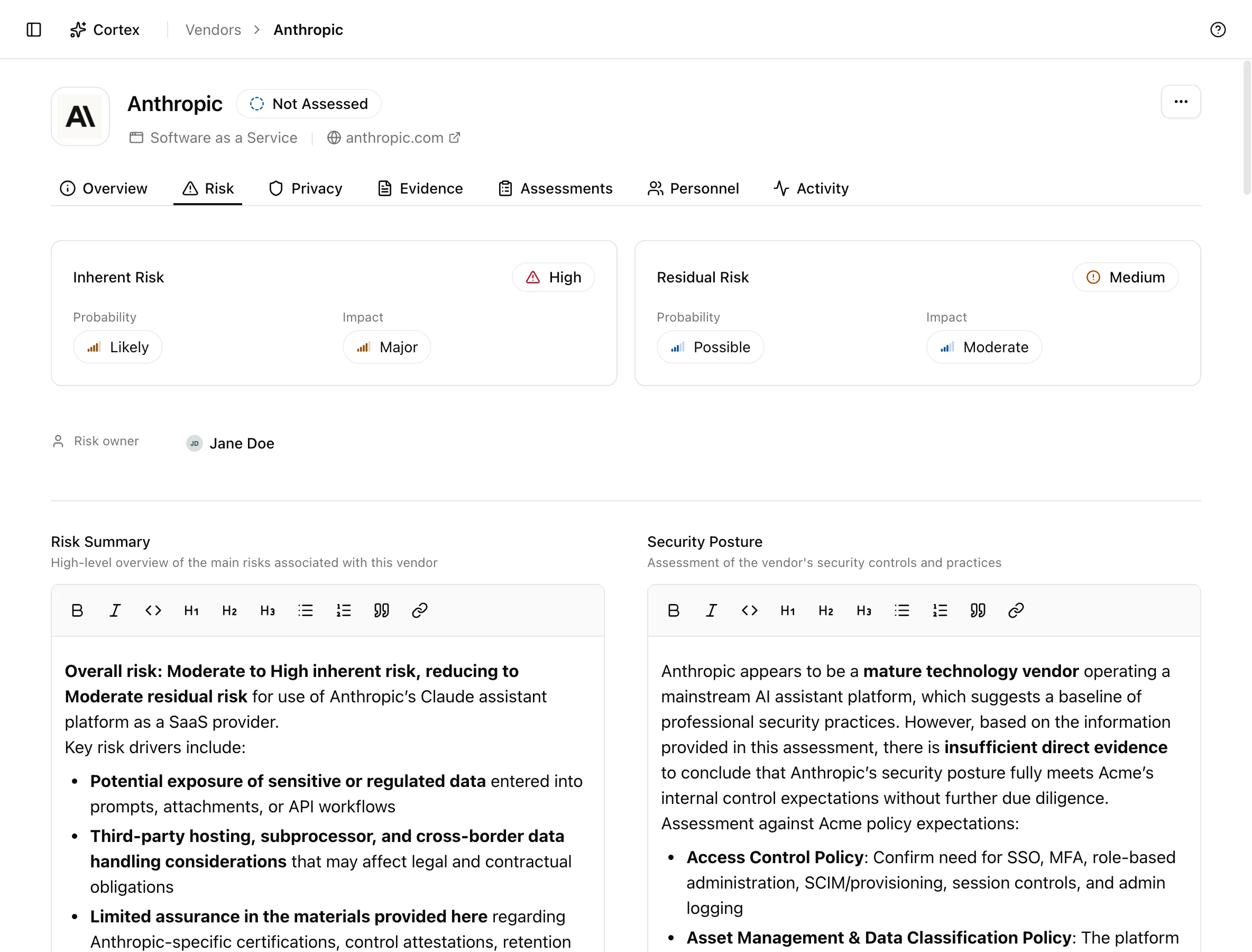 The Risk tab with inherent and residual probability and impact selectors and five narrative fields