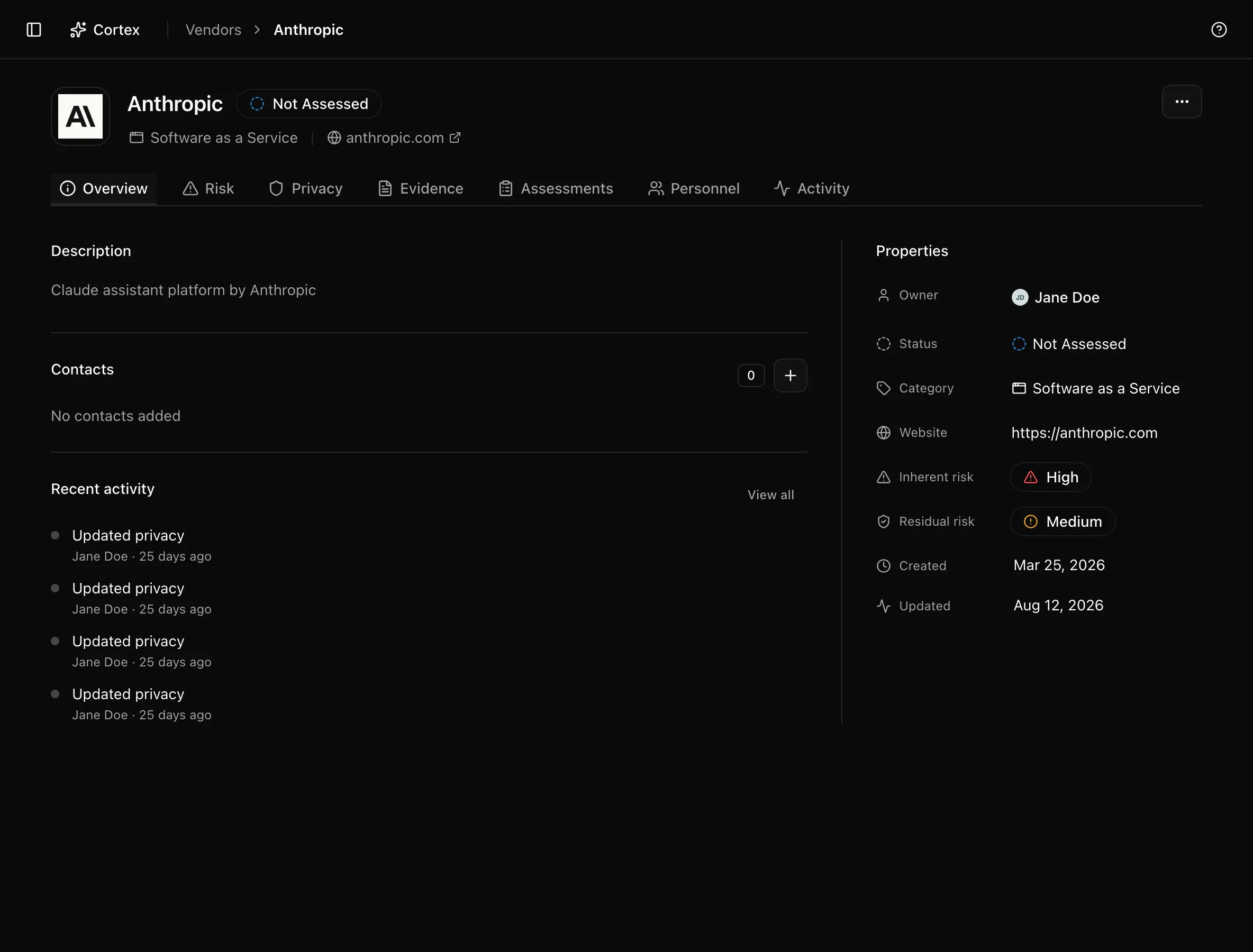Vendor detail page on the Overview tab with Properties, Description, Contacts, and Recent activity