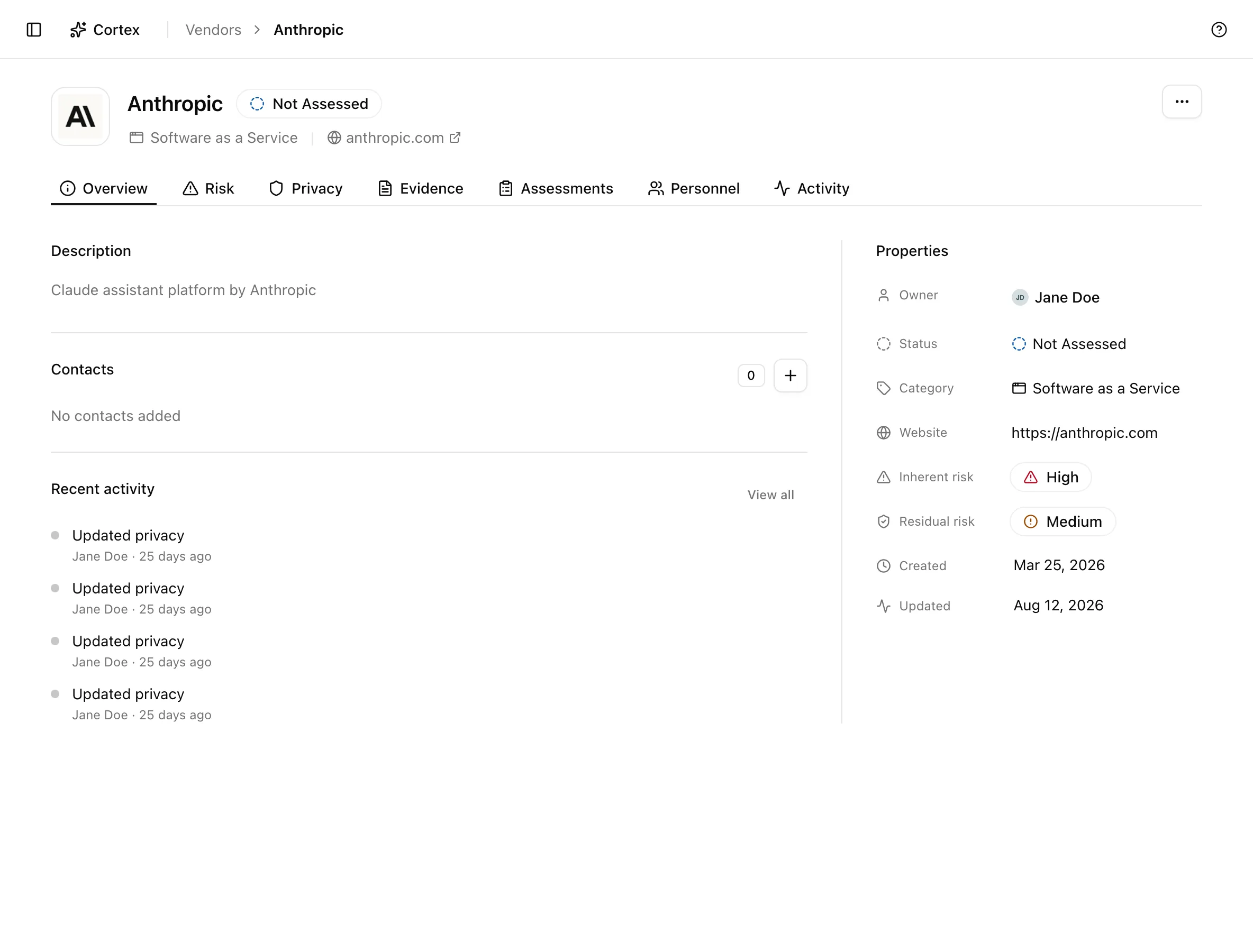 Vendor detail page on the Overview tab with Properties, Description, Contacts, and Recent activity