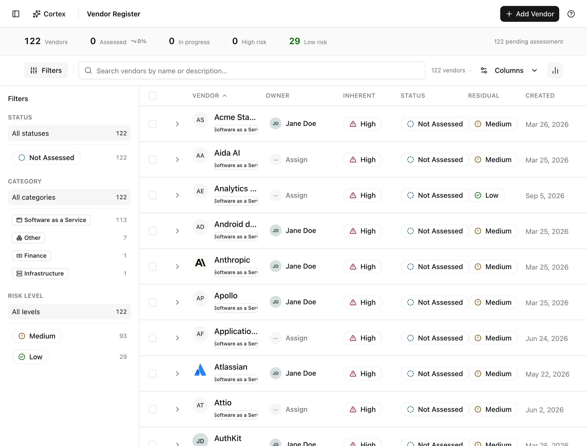 Vendor register table with the insight strip and status, category, and risk level filters