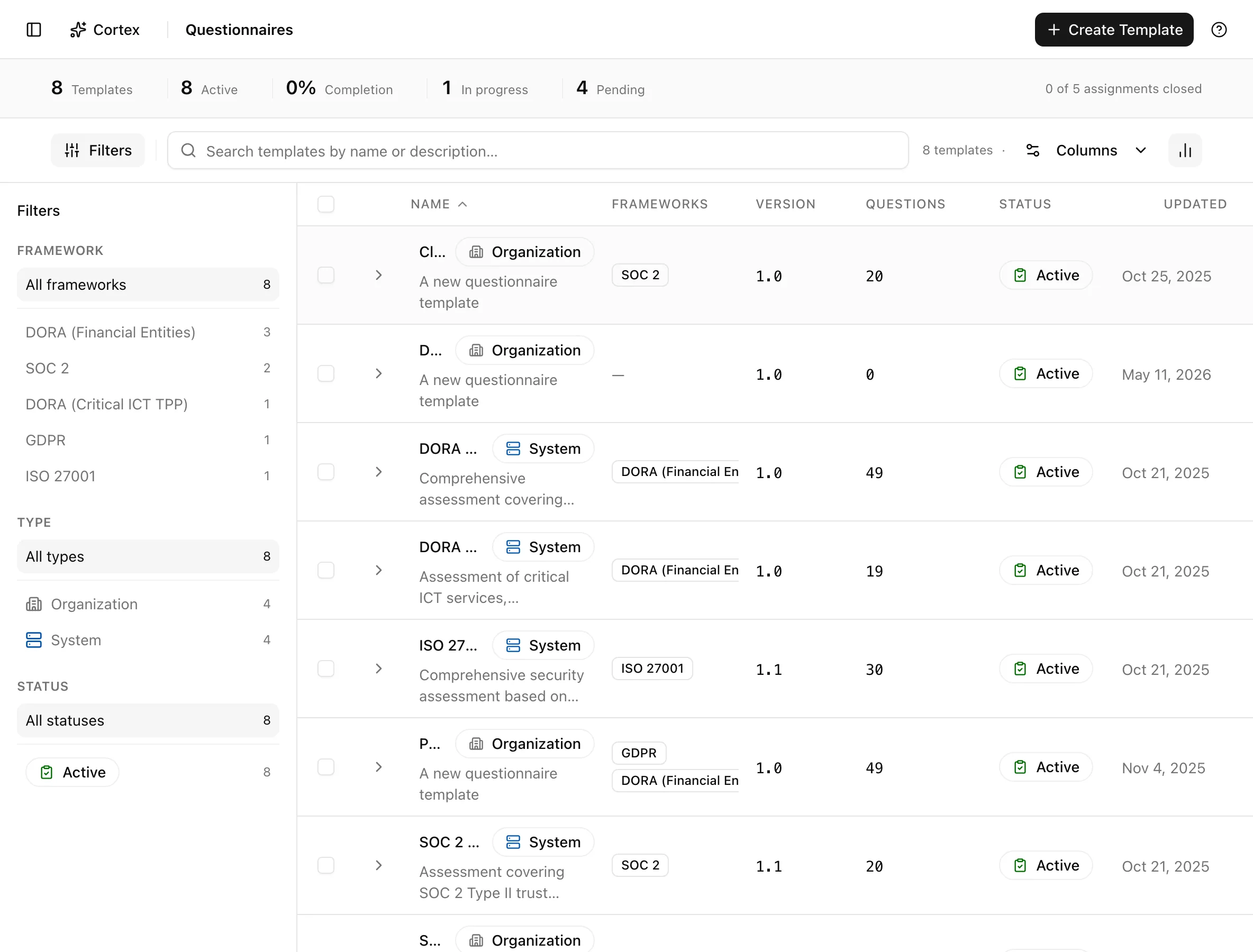 The template builder with template details, the question list, and an inline question editor