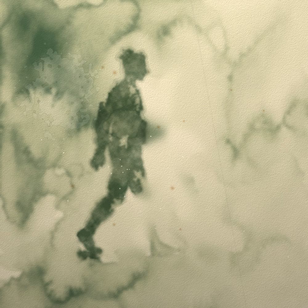 Watercolor of a person walking, softly blurred