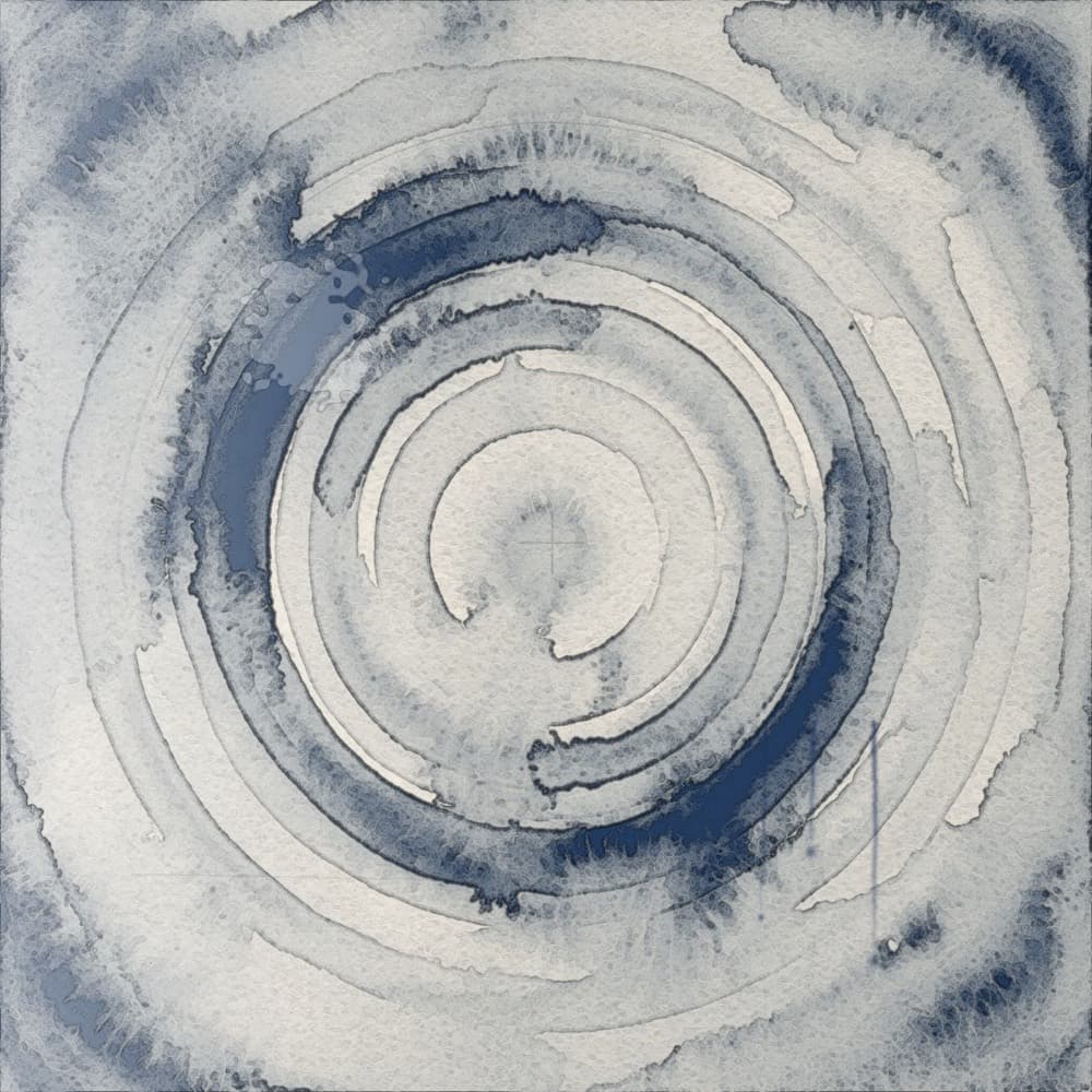 Watercolor of concentric rings in blue, teal and sand